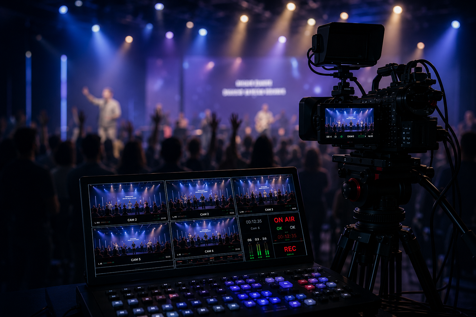 Équipement de production live streaming — caméra professionnelle et régie multicaméra